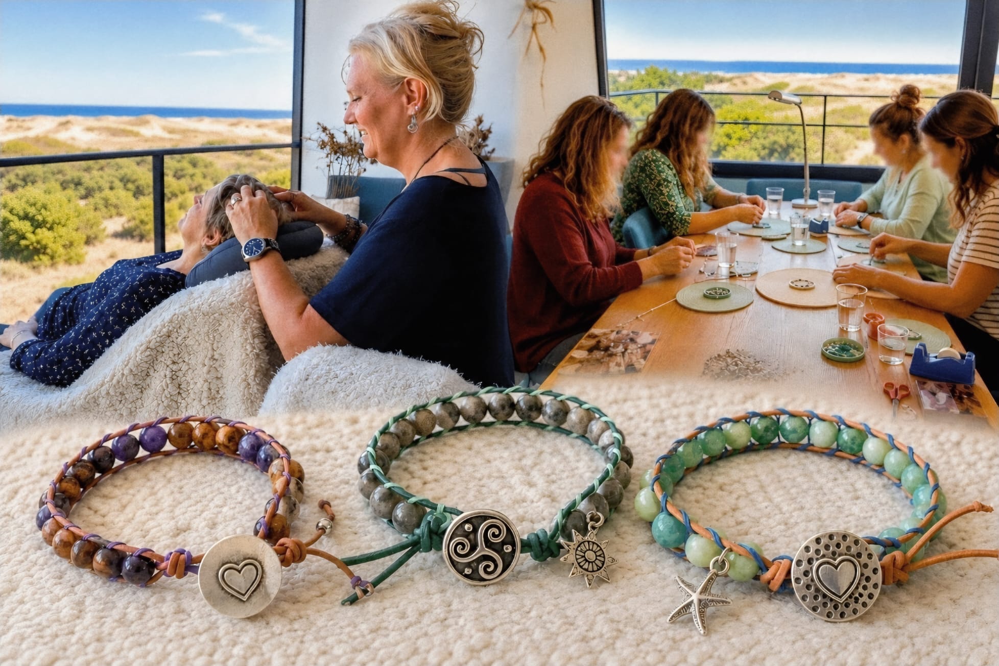 Hoofdmassage en workshop edelsteenarmband maken in Scheveningen Deelnemers maken een edelsteenarmband tijdens een workshop in Scheveningen Ontspannende hoofdmassage tijdens creatieve workshop in Scheveningen Atelier met zeezicht waar een workshop edelsteenarmband wordt gegeven